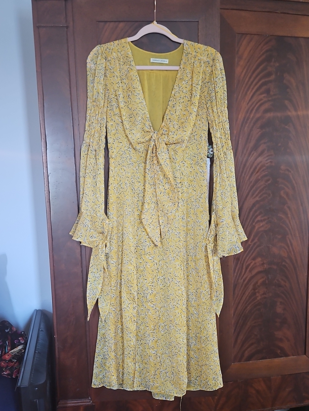 The East Order - Yellow Floral Long-Sleeve Tie-Front Midi Dress